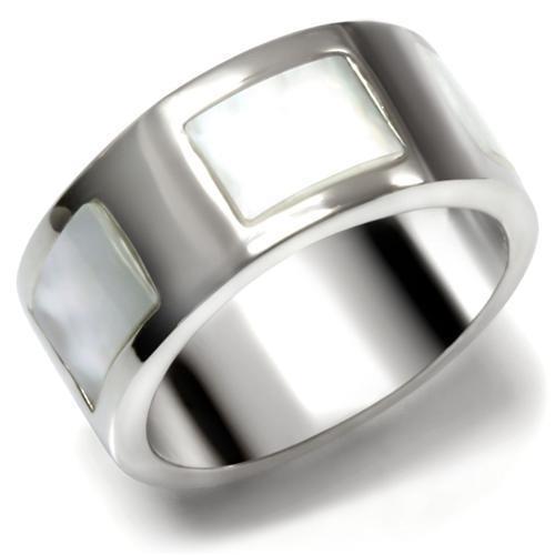 TK043 - High polished (no plating) Stainless Steel Ring with Precious Stone Conch in White-0