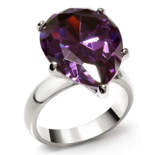 TK045 - High polished (no plating) Stainless Steel Ring with AAA Grade CZ  in Amethyst-0