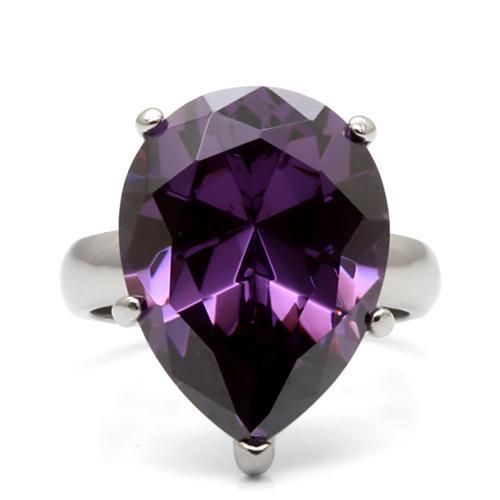 TK045 - High polished (no plating) Stainless Steel Ring with AAA Grade CZ  in Amethyst-2