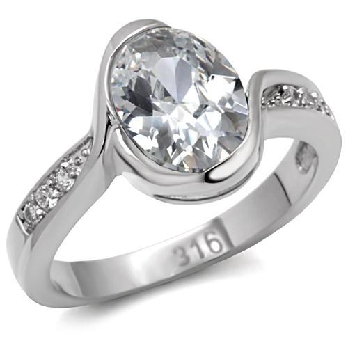 TK064 - High polished (no plating) Stainless Steel Ring with AAA Grade CZ  in Clear-0