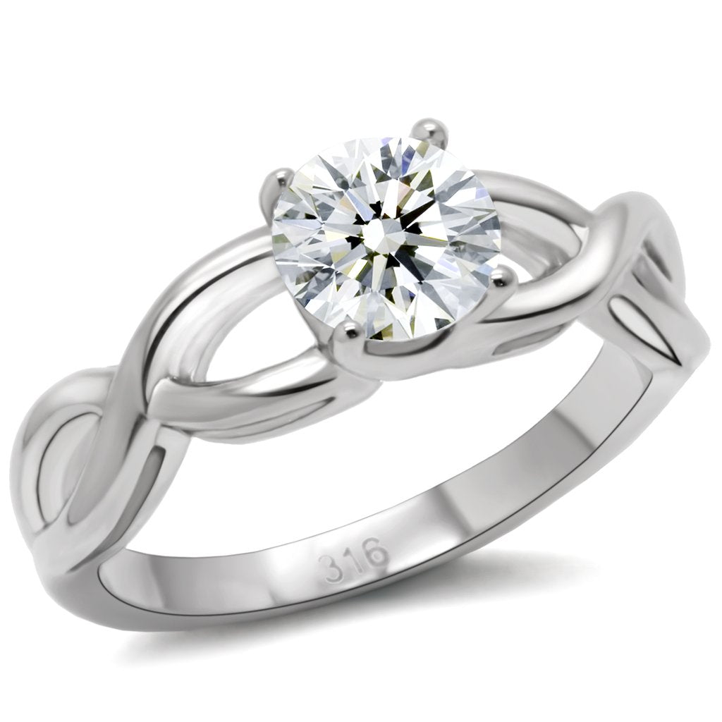 TK065 - High polished (no plating) Stainless Steel Ring with AAA Grade CZ  in Clear-0
