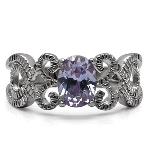 TK079 - High polished (no plating) Stainless Steel Ring with AAA Grade CZ  in Light Amethyst-2