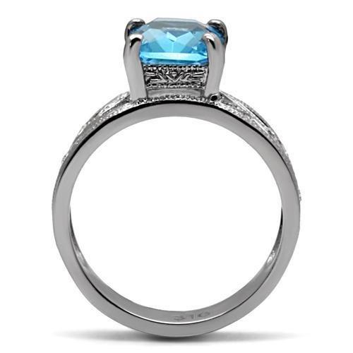 TK081 - High polished (no plating) Stainless Steel Ring with Synthetic Synthetic Glass in Sea Blue-3