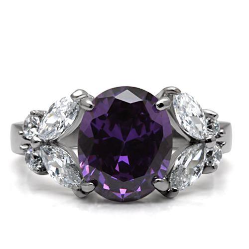 TK086 - High polished (no plating) Stainless Steel Ring with AAA Grade CZ  in Amethyst-2