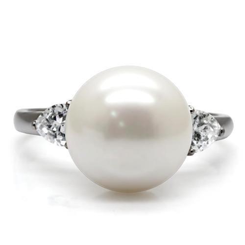 TK090 - High polished (no plating) Stainless Steel Ring with Synthetic Pearl in Aurora Borealis (Rainbow Effect)-2