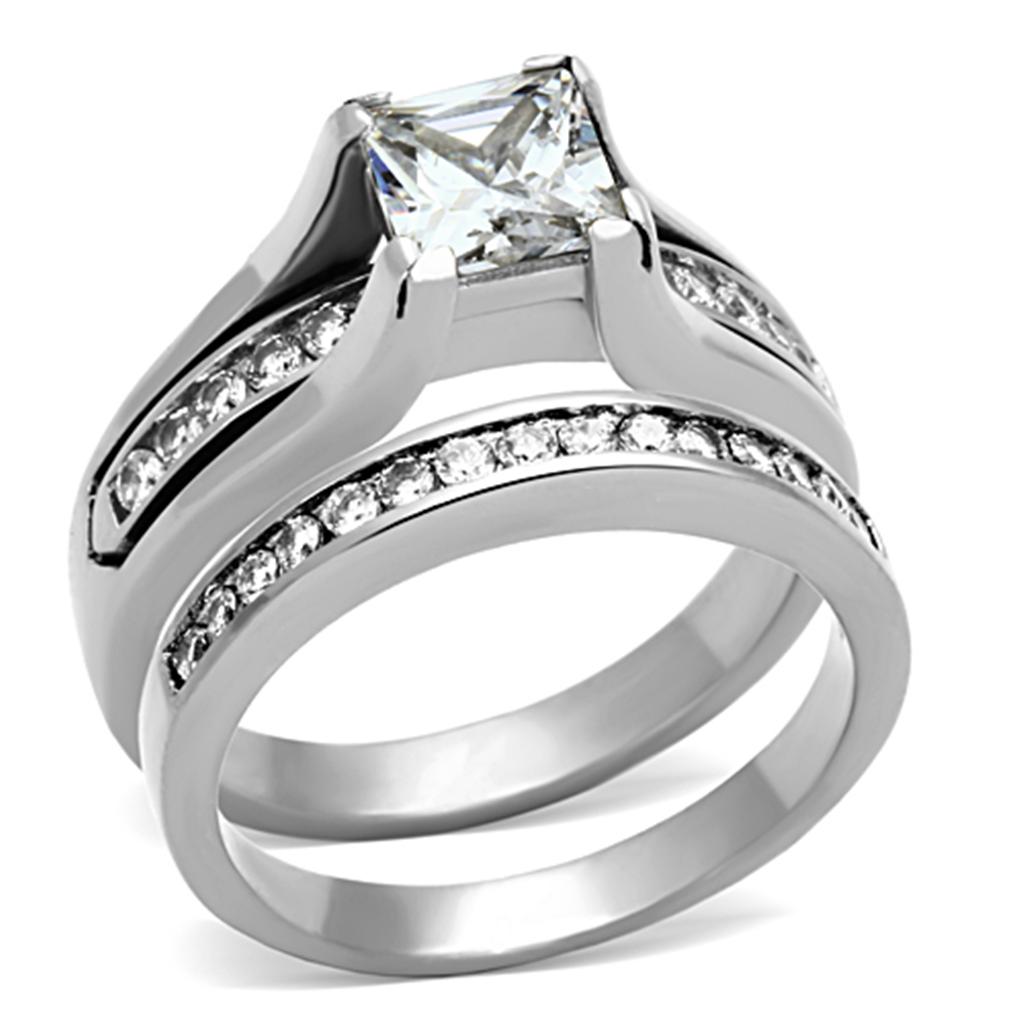 TK0W383 - High polished (no plating) Stainless Steel Ring with AAA Grade CZ  in Clear-0
