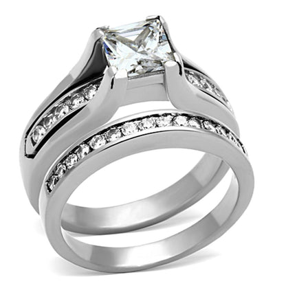 TK0W383 - High polished (no plating) Stainless Steel Ring with AAA Grade CZ  in Clear-0