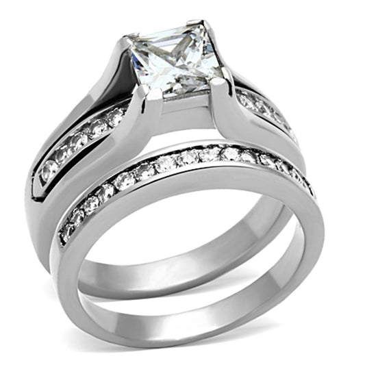 TK0W383 - High polished (no plating) Stainless Steel Ring with AAA Grade CZ  in Clear-0