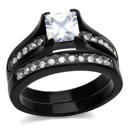 TK0W383J - Two-Tone IP Black Stainless Steel Ring with AAA Grade CZ  in Clear-0