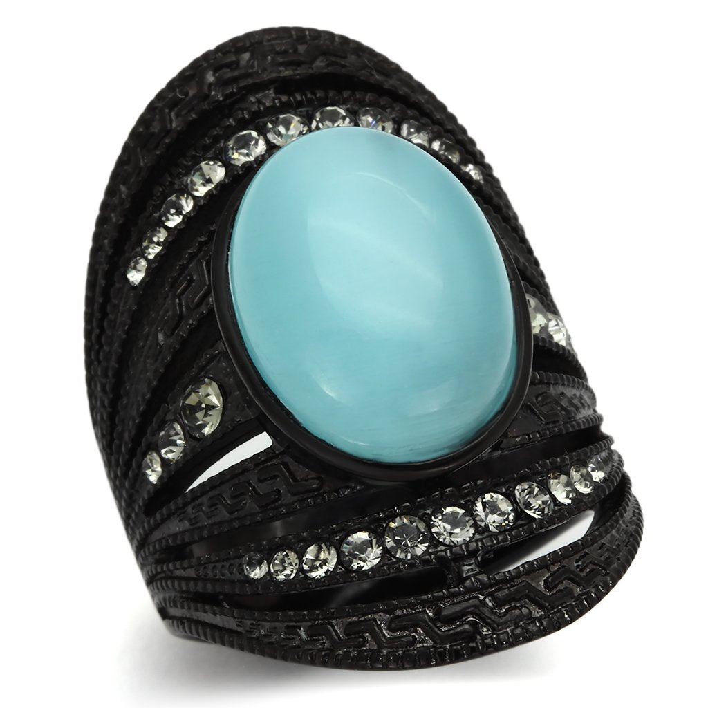 TK1006 - IP Black(Ion Plating) Stainless Steel Ring with Synthetic Cat Eye in Sea Blue-0
