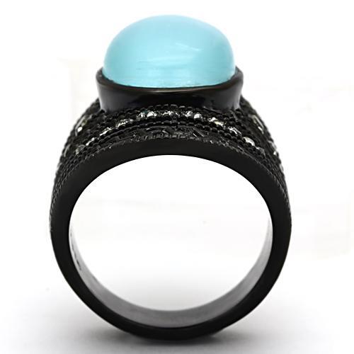 TK1006 - IP Black(Ion Plating) Stainless Steel Ring with Synthetic Cat Eye in Sea Blue-2