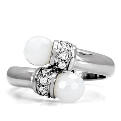 TK101 - High polished (no plating) Stainless Steel Ring with Milky CZ  in White-2