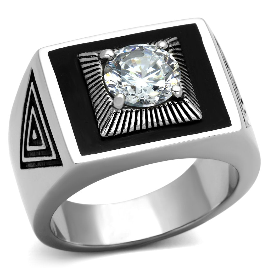 TK1053 - High polished (no plating) Stainless Steel Ring with AAA Grade CZ  in Clear-0