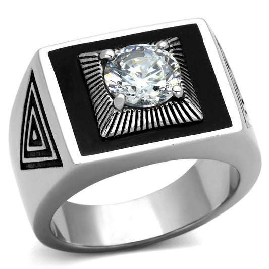 TK1053 - High polished (no plating) Stainless Steel Ring with AAA Grade CZ  in Clear-0