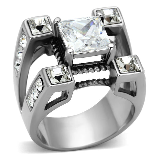 TK1072 - High polished (no plating) Stainless Steel Ring with AAA Grade CZ  in Clear-0