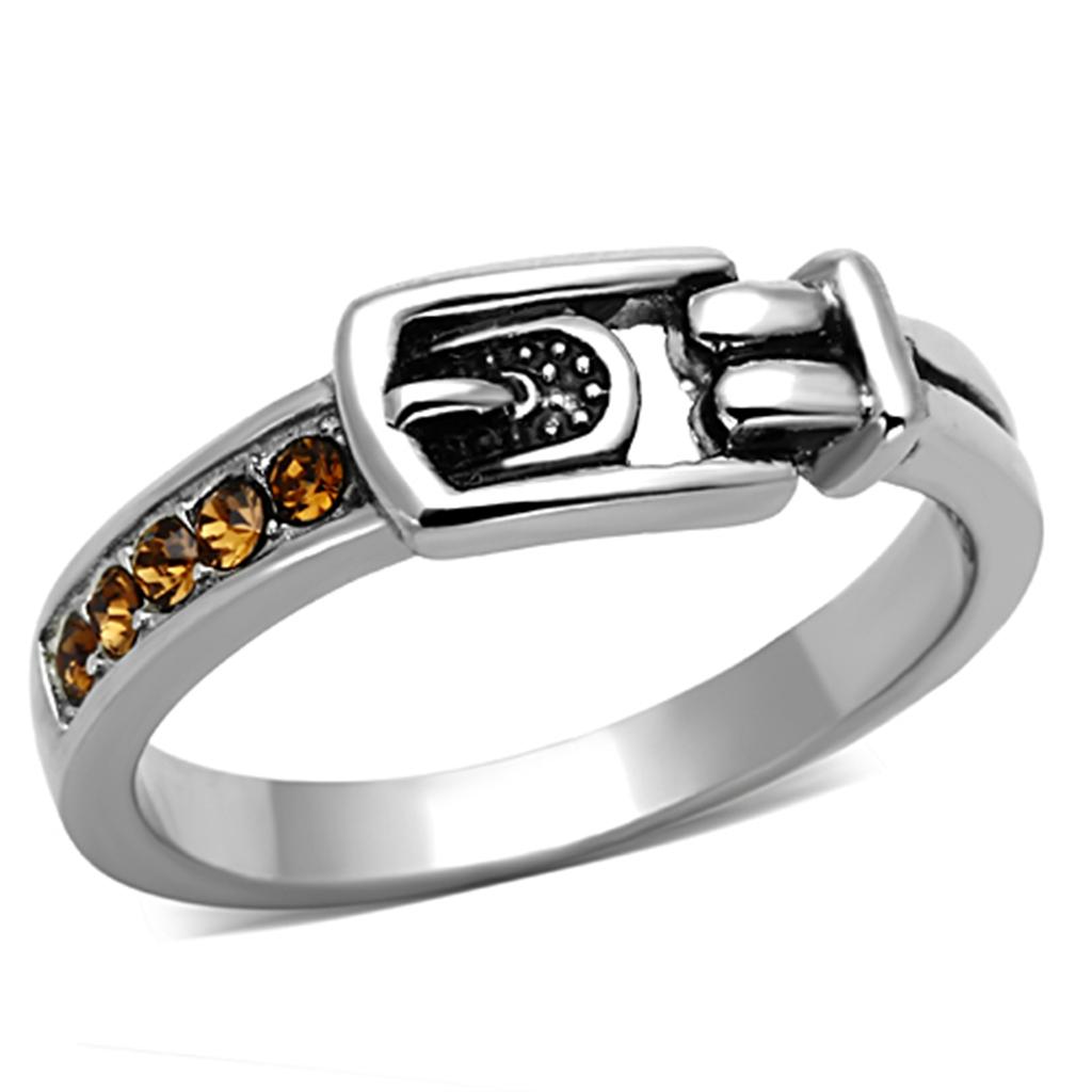 TK1079 - High polished (no plating) Stainless Steel Ring with Top Grade Crystal  in Smoked Quartz-0