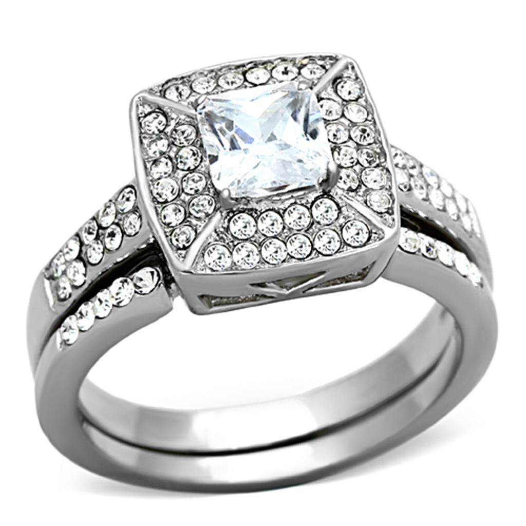 TK1088 - High polished (no plating) Stainless Steel Ring with AAA Grade CZ  in Clear-0