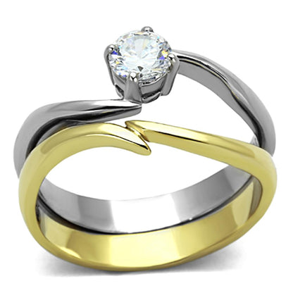 TK1092 - Two-Tone IP Gold (Ion Plating) Stainless Steel Ring with AAA Grade CZ  in Clear-0