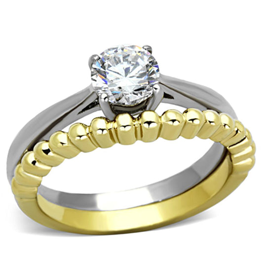 TK1093 - Two-Tone IP Gold (Ion Plating) Stainless Steel Ring with AAA Grade CZ  in Clear-0