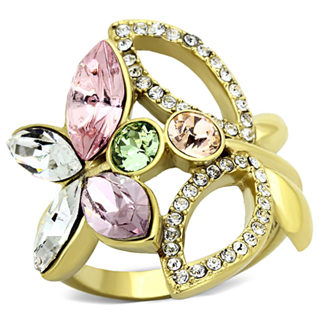 TK1100 - IP Gold(Ion Plating) Stainless Steel Ring with Top Grade Crystal  in Multi Color-0