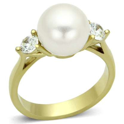 TK1103 - IP Gold(Ion Plating) Stainless Steel Ring with Synthetic Pearl in White-0