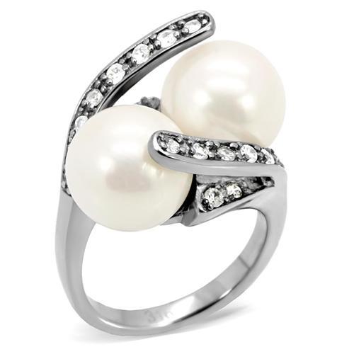TK113 - High polished (no plating) Stainless Steel Ring with Synthetic Pearl in White-0