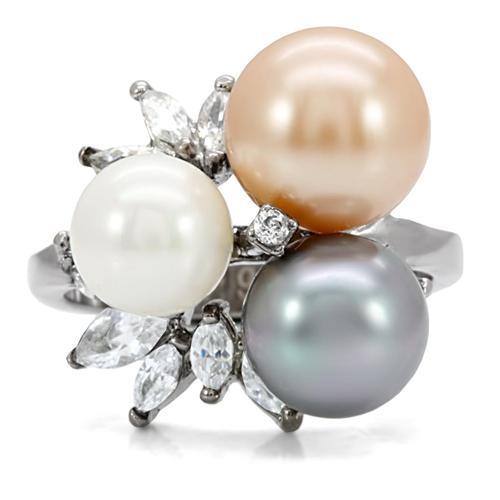 TK114 - High polished (no plating) Stainless Steel Ring with Synthetic Pearl in Multi Color-2