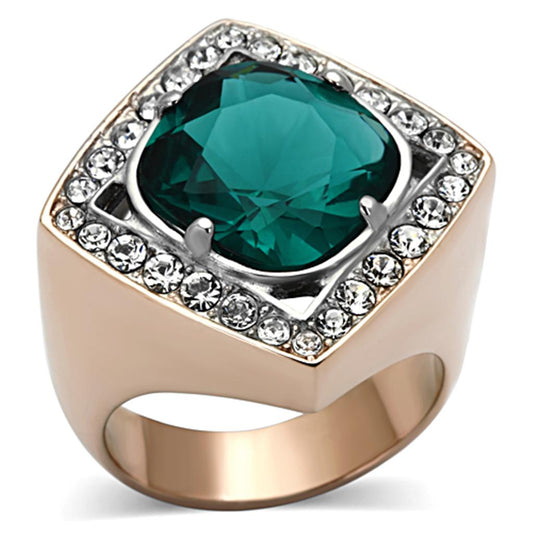 TK1160 - Two-Tone IP Rose Gold Stainless Steel Ring with Synthetic Synthetic Glass in Blue Zircon-0