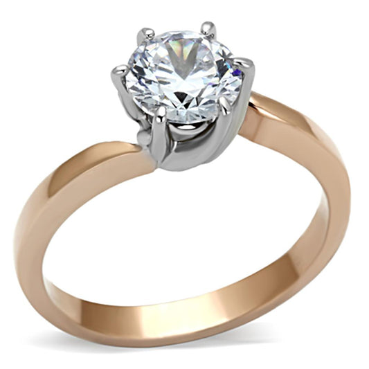 TK1161 - Two-Tone IP Rose Gold Stainless Steel Ring with AAA Grade CZ  in Clear-0