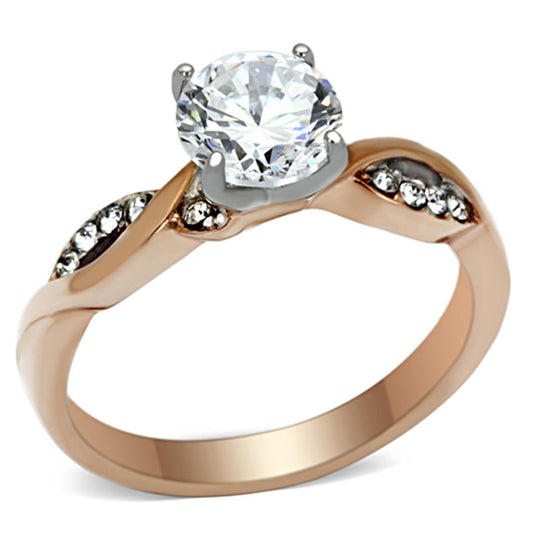 TK1163 - Two-Tone IP Rose Gold Stainless Steel Ring with AAA Grade CZ  in Clear-0