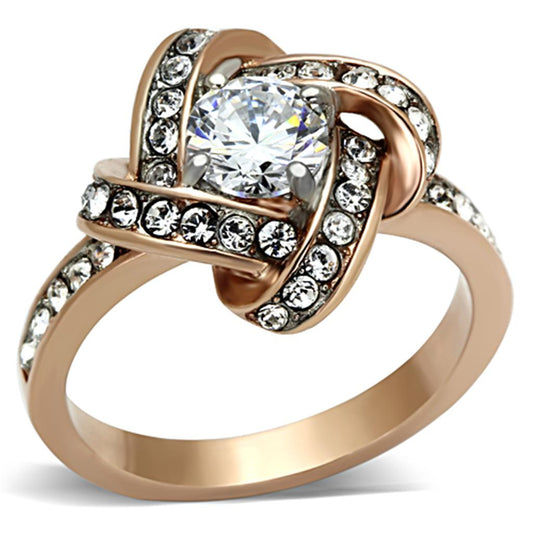 TK1166 - Two-Tone IP Rose Gold Stainless Steel Ring with AAA Grade CZ  in Clear-0