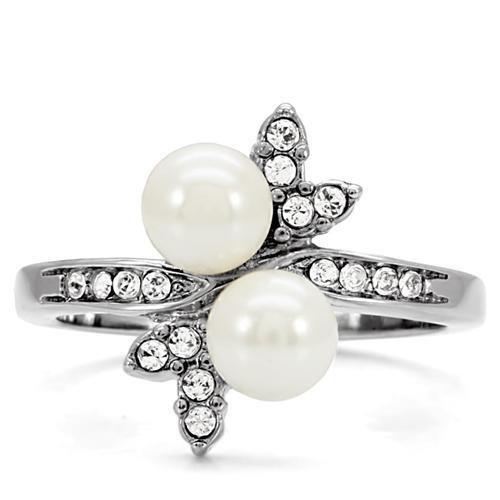 TK116 - High polished (no plating) Stainless Steel Ring with Synthetic Pearl in White-2