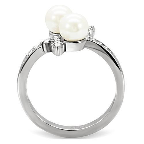 TK116 - High polished (no plating) Stainless Steel Ring with Synthetic Pearl in White-3