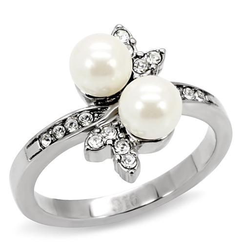 TK116 - High polished (no plating) Stainless Steel Ring with Synthetic Pearl in White-0