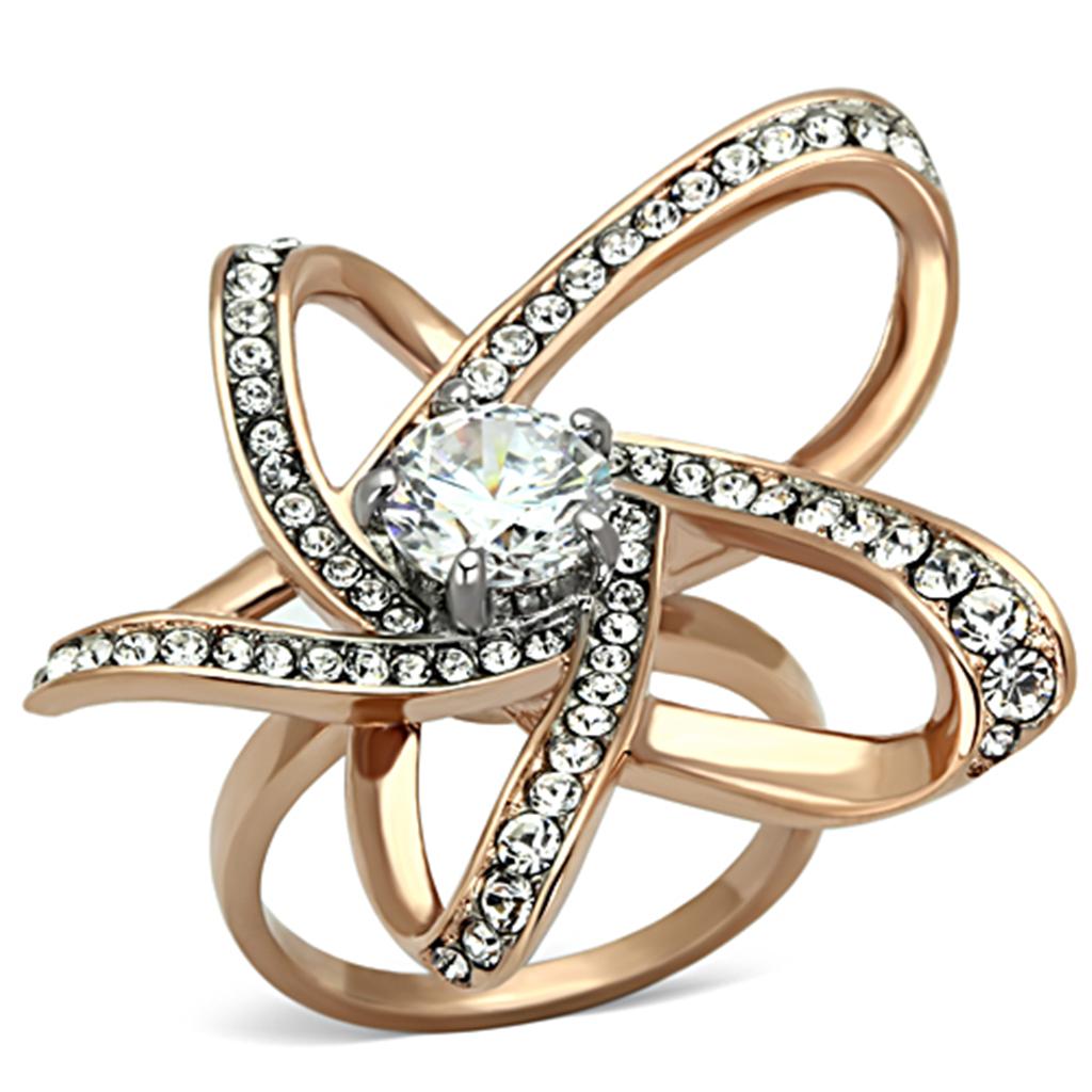 TK1170 - Two-Tone IP Rose Gold Stainless Steel Ring with AAA Grade CZ  in Clear-0