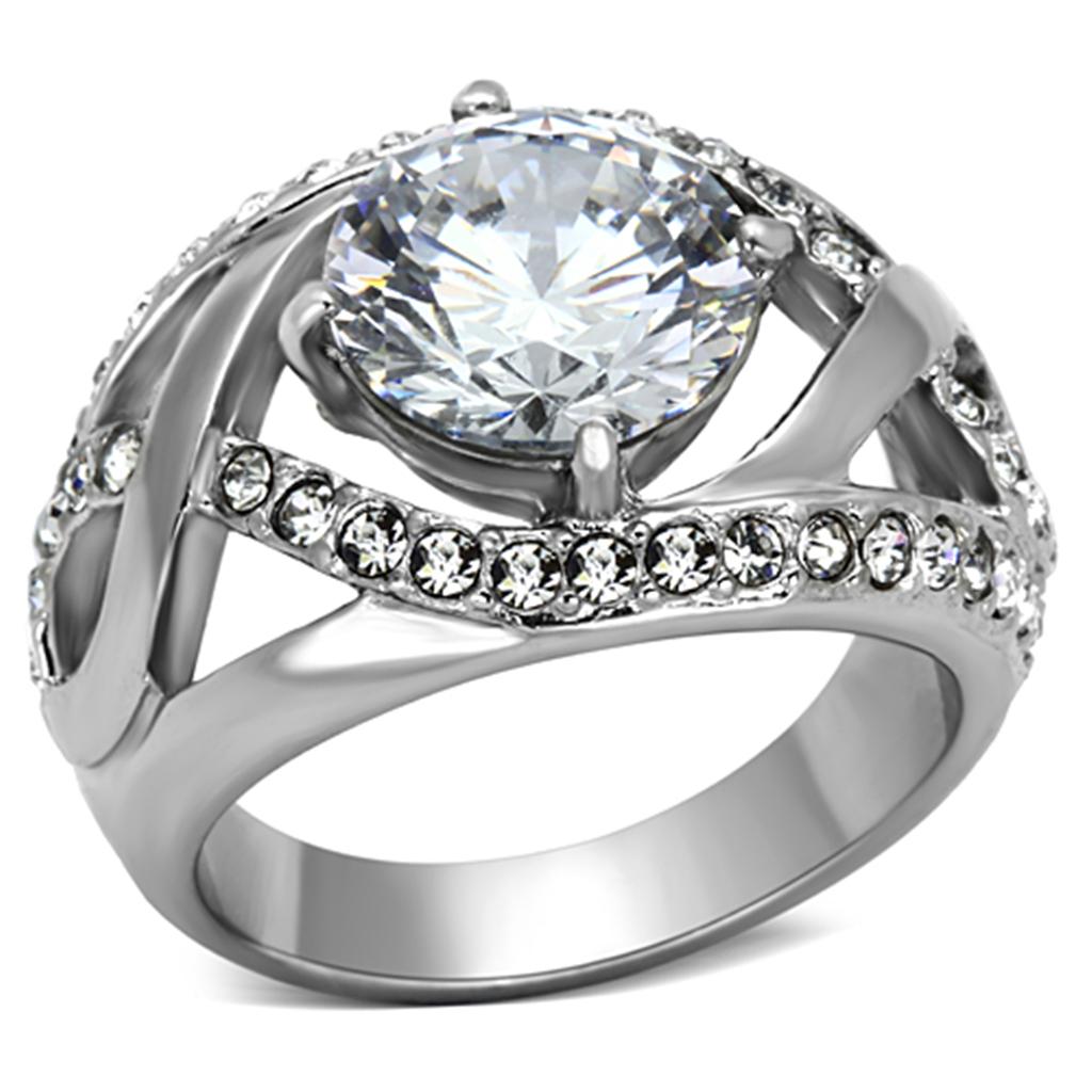 TK1176 - High polished (no plating) Stainless Steel Ring with AAA Grade CZ  in Clear-0