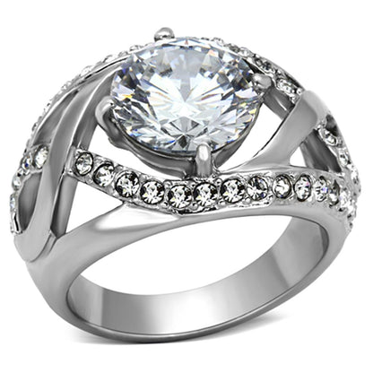 TK1176 - High polished (no plating) Stainless Steel Ring with AAA Grade CZ  in Clear-0