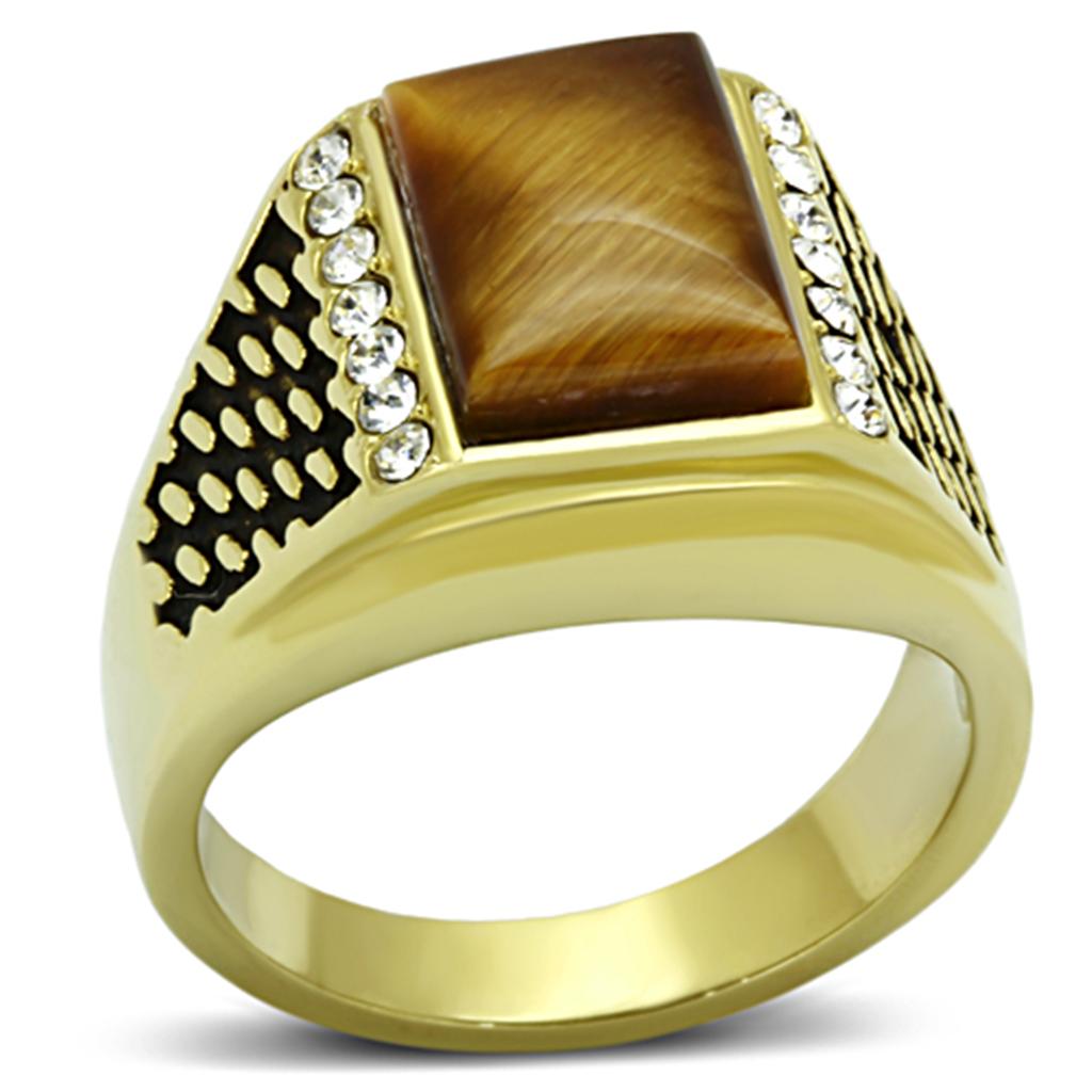 TK1187 - IP Gold(Ion Plating) Stainless Steel Ring with Synthetic Tiger Eye in Topaz-0