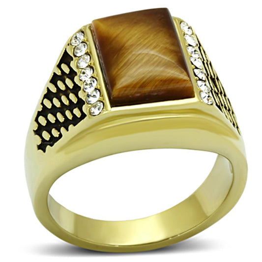 TK1187 - IP Gold(Ion Plating) Stainless Steel Ring with Synthetic Tiger Eye in Topaz-0