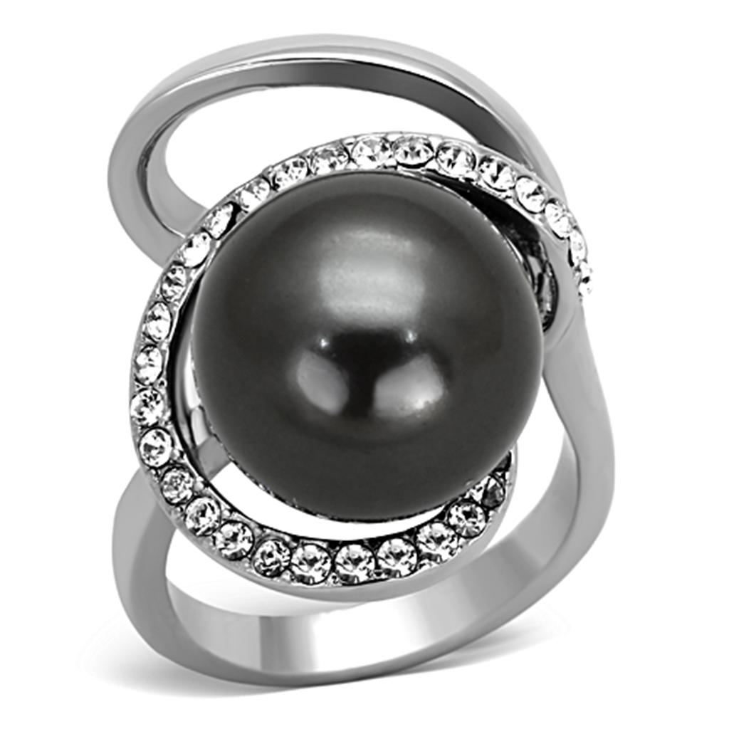 TK1218 - High polished (no plating) Stainless Steel Ring with Synthetic Pearl in Gray-0