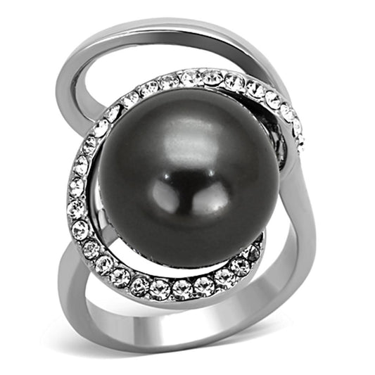 TK1218 - High polished (no plating) Stainless Steel Ring with Synthetic Pearl in Gray-0