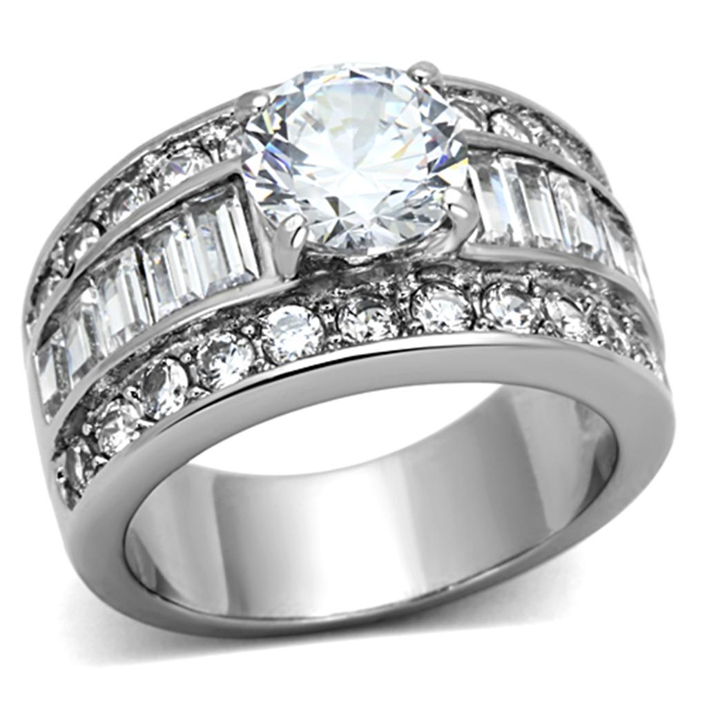 TK1232 - High polished (no plating) Stainless Steel Ring with AAA Grade CZ  in Clear-0