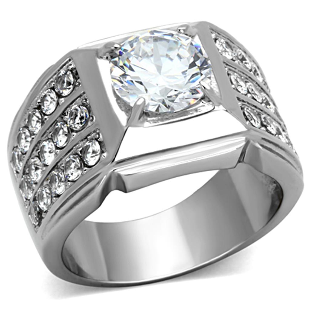 TK1233 - High polished (no plating) Stainless Steel Ring with AAA Grade CZ  in Clear-0