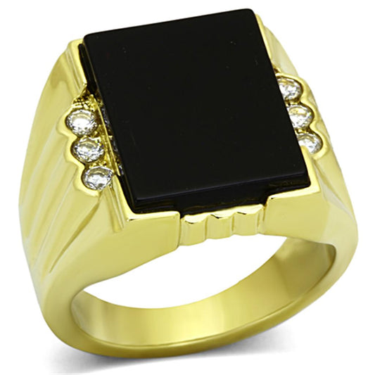 TK1236 - IP Gold(Ion Plating) Stainless Steel Ring with Synthetic Onyx in Jet-0