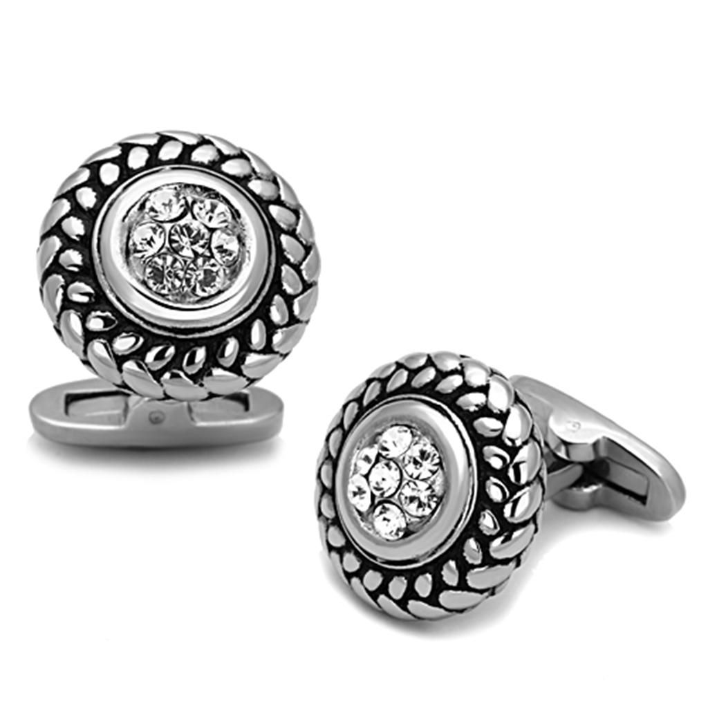 TK1261 - High polished (no plating) Stainless Steel Cufflink with Top Grade Crystal  in Clear-0