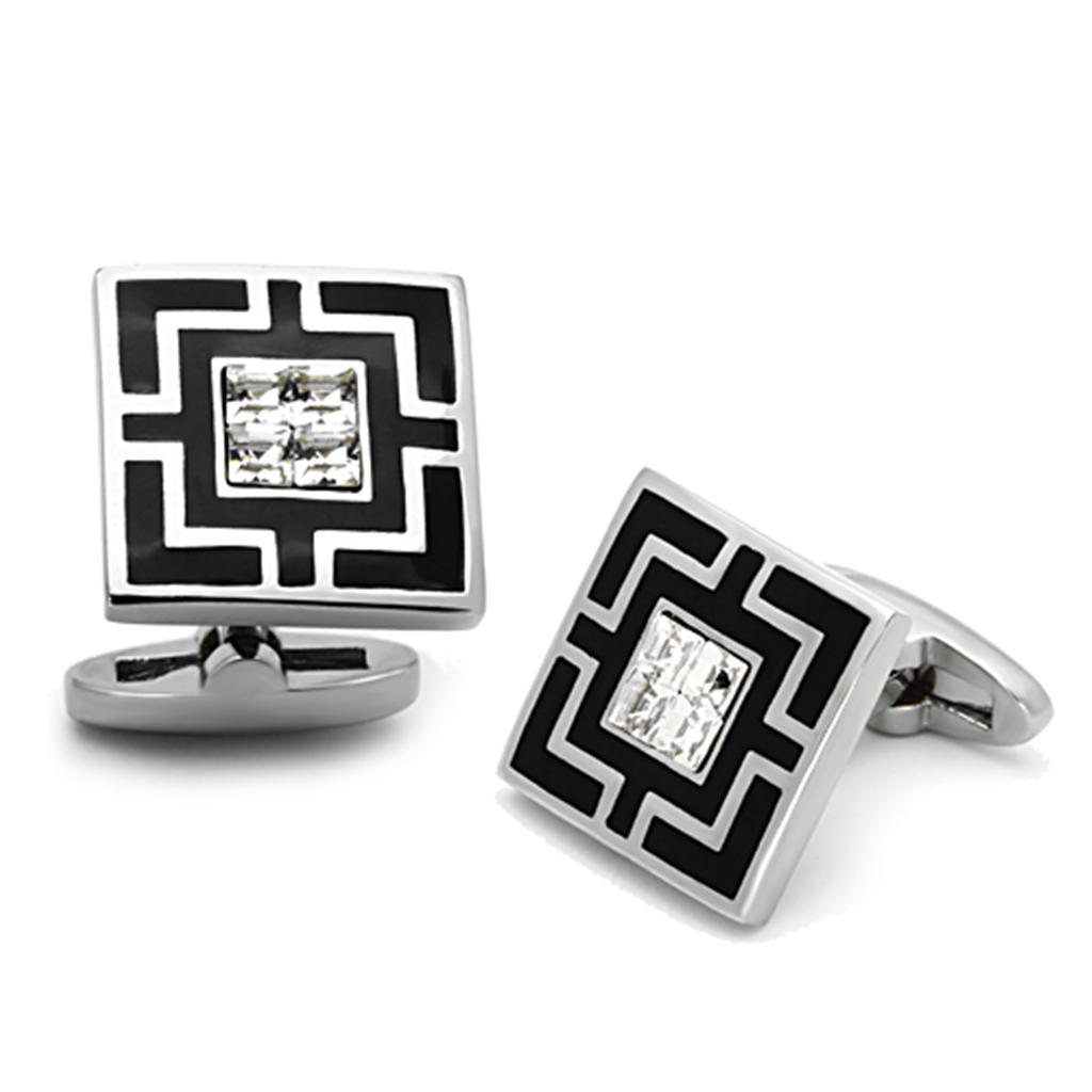 TK1267 - High polished (no plating) Stainless Steel Cufflink with Top Grade Crystal  in Clear-0