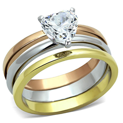TK1274 - Three Tone (IP Gold & IP Rose Gold & High Polished) Stainless Steel Ring with AAA Grade CZ  in Clear-0