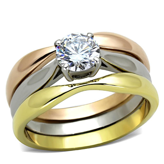 TK1278 - Three Tone (IP Gold & IP Rose Gold & High Polished) Stainless Steel Ring with AAA Grade CZ  in Clear-0