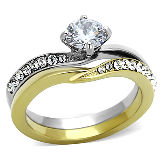 TK1280 - Two-Tone IP Gold (Ion Plating) Stainless Steel Ring with AAA Grade CZ  in Clear-0