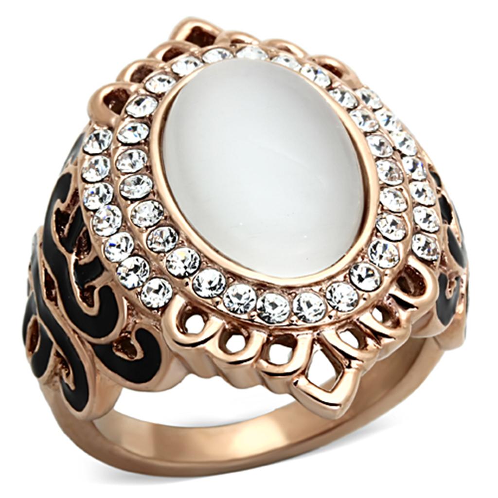 TK1286 - IP Rose Gold(Ion Plating) Stainless Steel Ring with Synthetic Cat Eye in White-0
